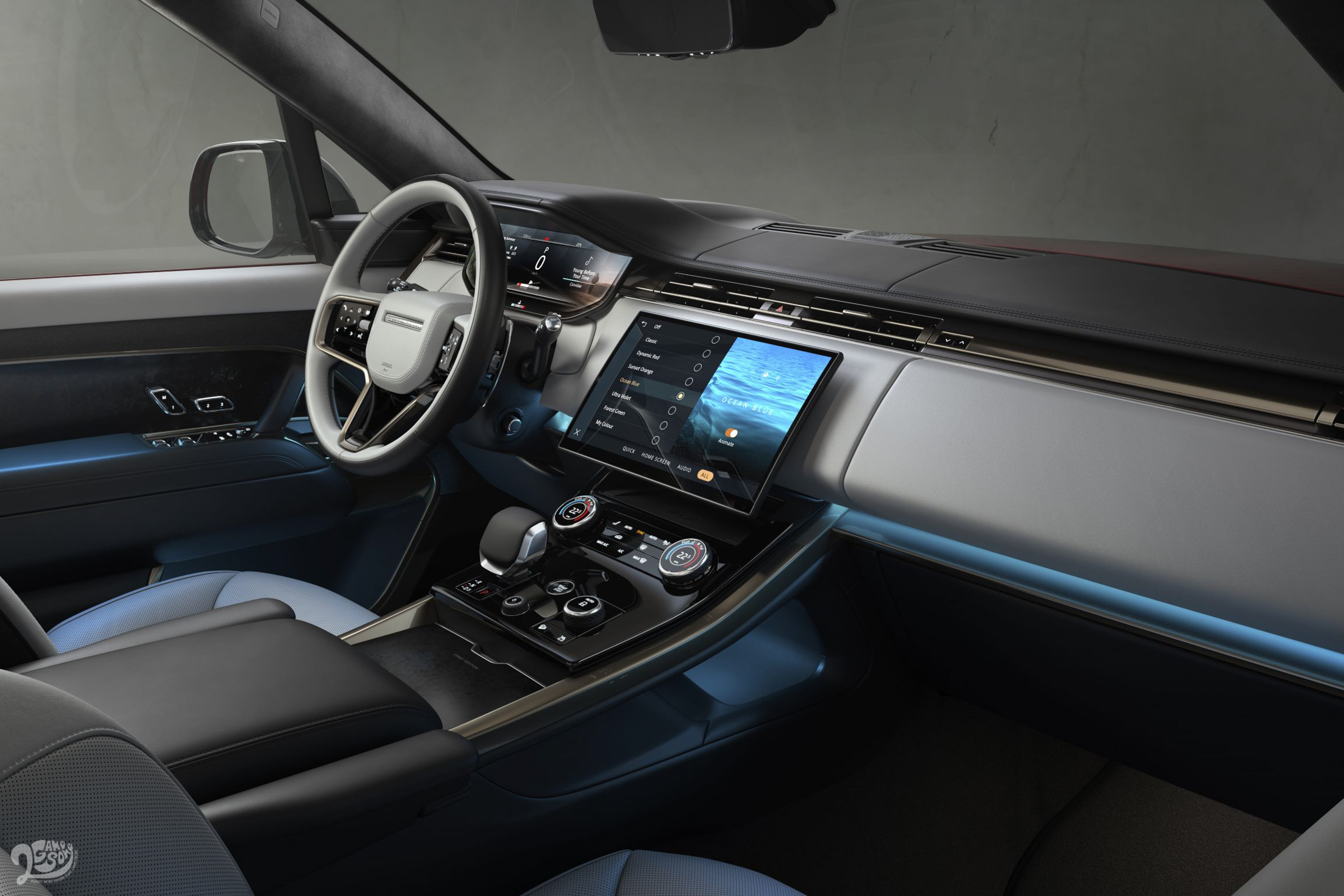 簡約設計延伸至全新的內裝，大角度傾斜中控台圍繞著駕駛者，採用包括可永續的 Ultrafabrics™ 等現代材料製成。
