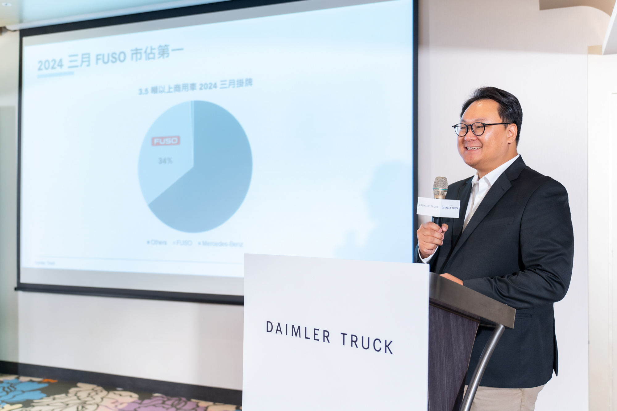 台灣戴姆勒亞洲商車執行長朴正祐公布FUSO於2024年3月份掛牌數達到34%市佔率，奪下台灣商用車市場單月冠軍。
