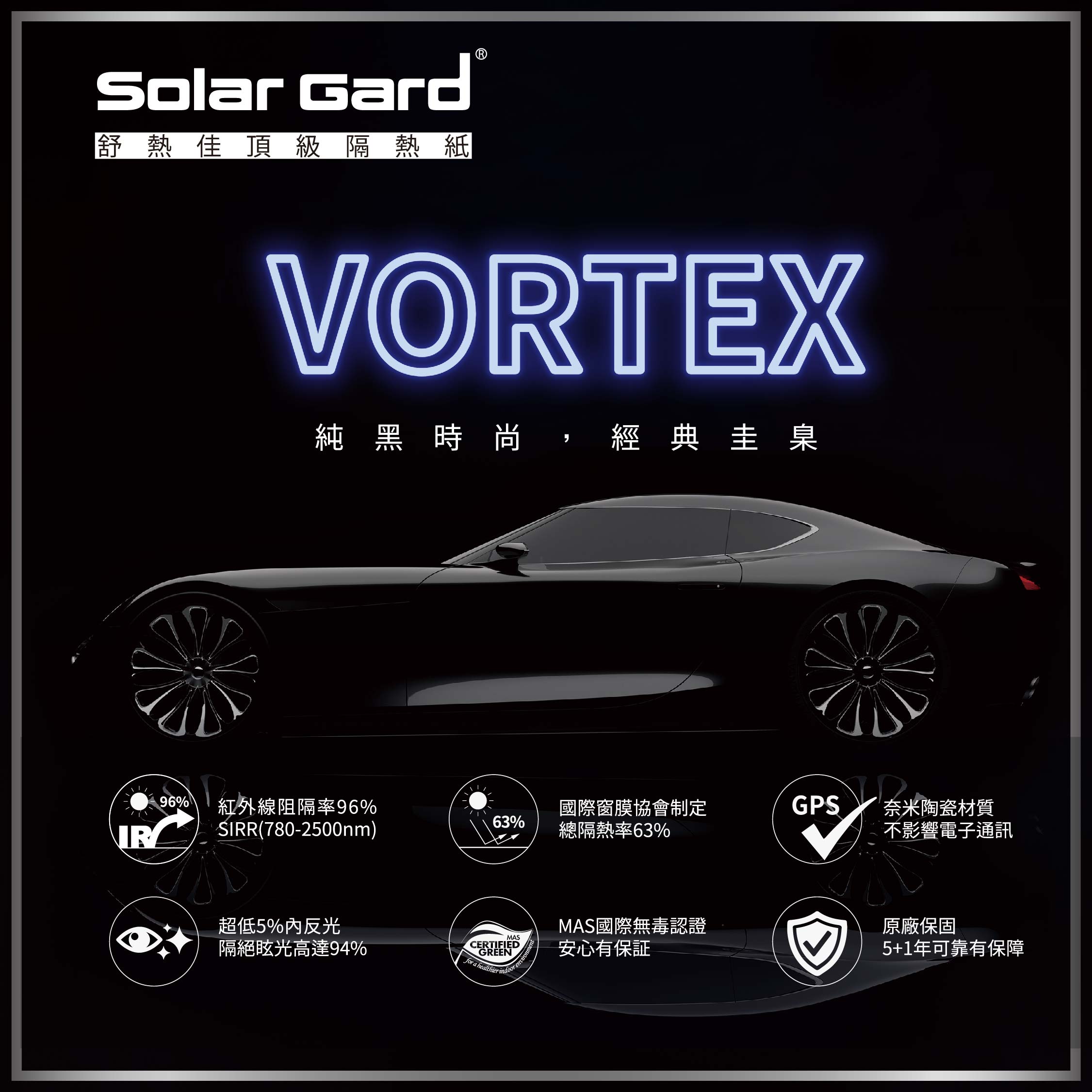 SolarGard 舒熱佳 Vortex 奈米陶瓷汽車隔熱紙。
