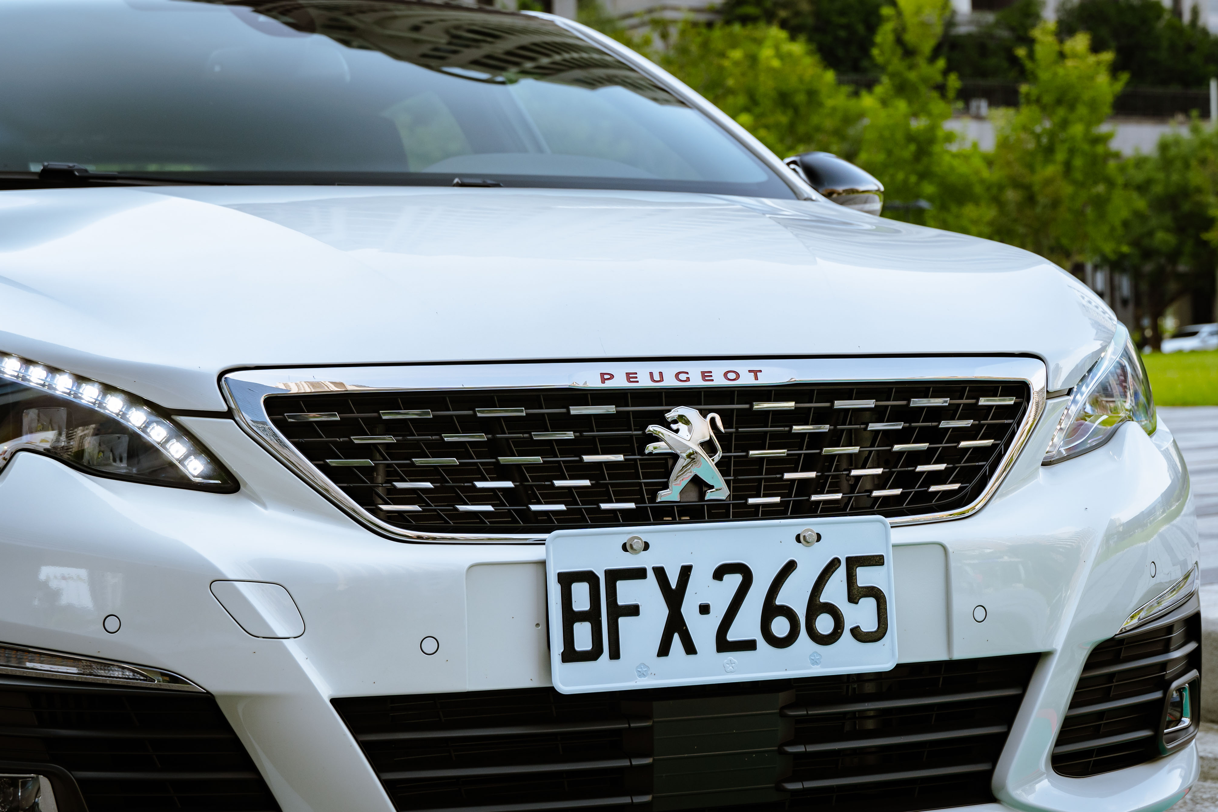 GT Line 標配方格旗幟式水箱罩與紅色 Peugeot 字樣。