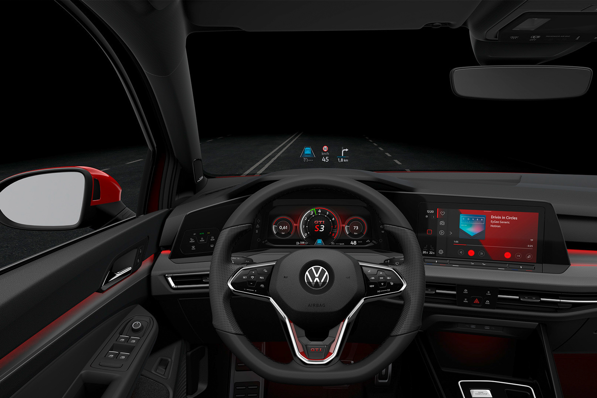 Golf 8 GTI 擁有 10.25 吋 GTI 專屬全邏輯數位化儀表及全新 10 吋多媒體鏡面觸控主機(MIB 3)。