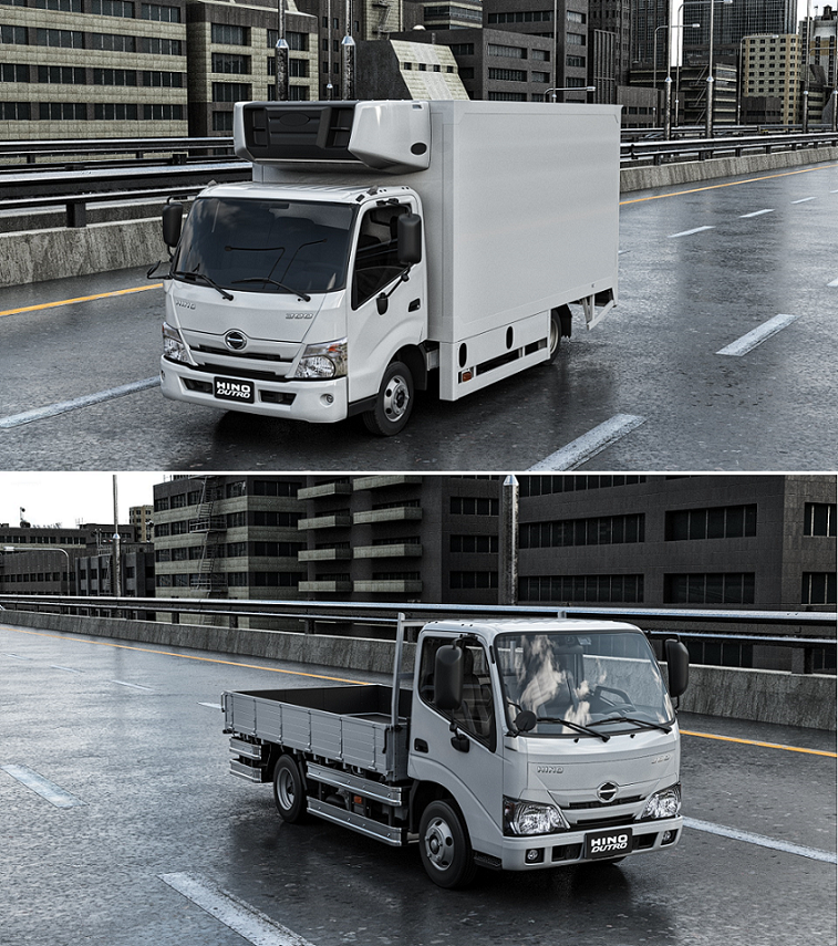 (上)HINO 300 系 DUTRO 寬式座艙;(下)HINO 300 系 DUTRO 標準座艙 (圖示車輛僅為打造參考示意,和泰汽車所屬經銷商除 300 系五噸車外,僅販賣車輛底盤)