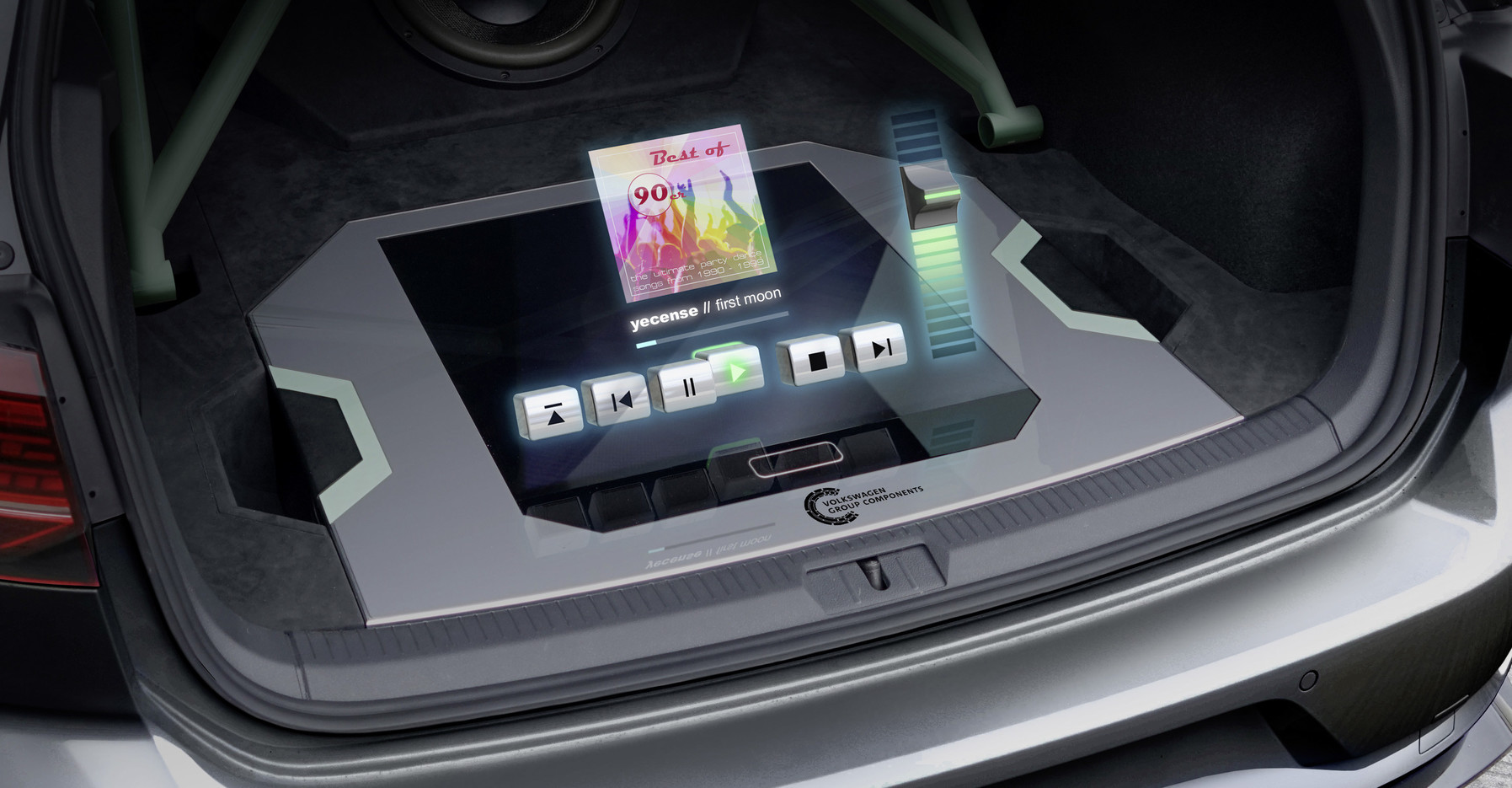 Volkswagen 展示全球首發的車用全像 3D 投影模組（Holographic module）。