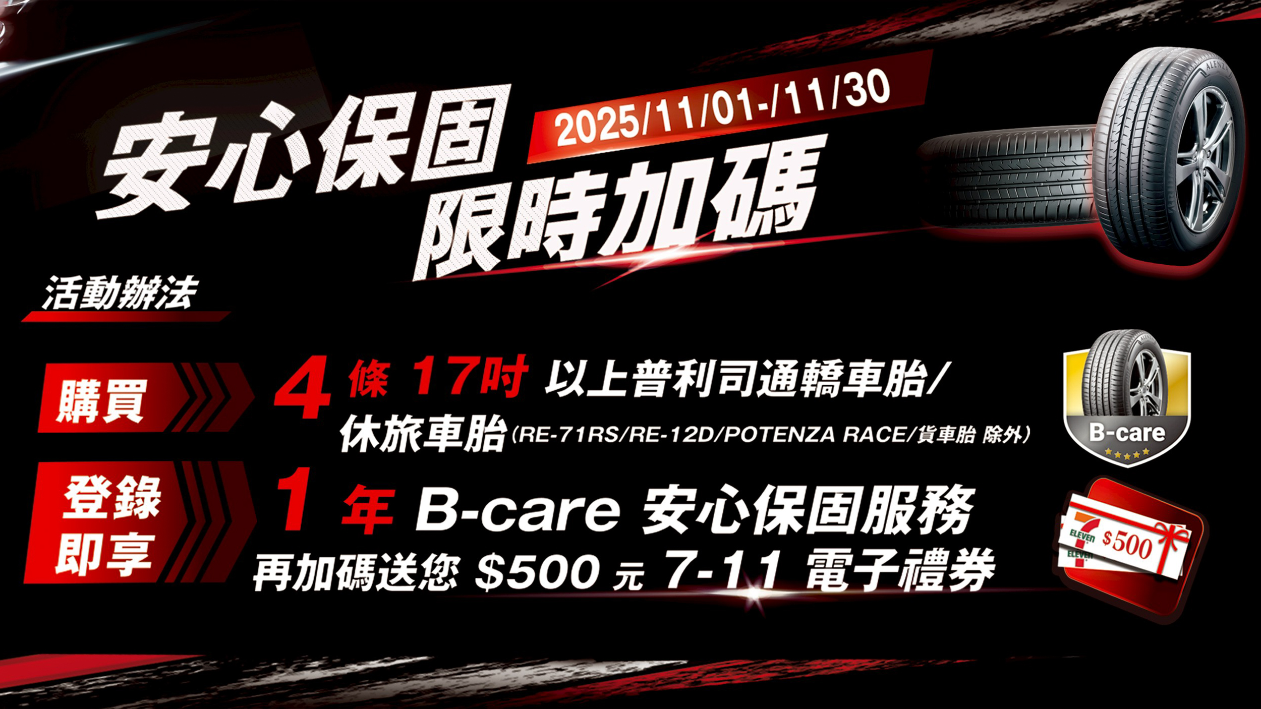 普利司通推 11 月購買指定輪胎，登錄享一年安心保固，再贈 $500 元電子禮券！