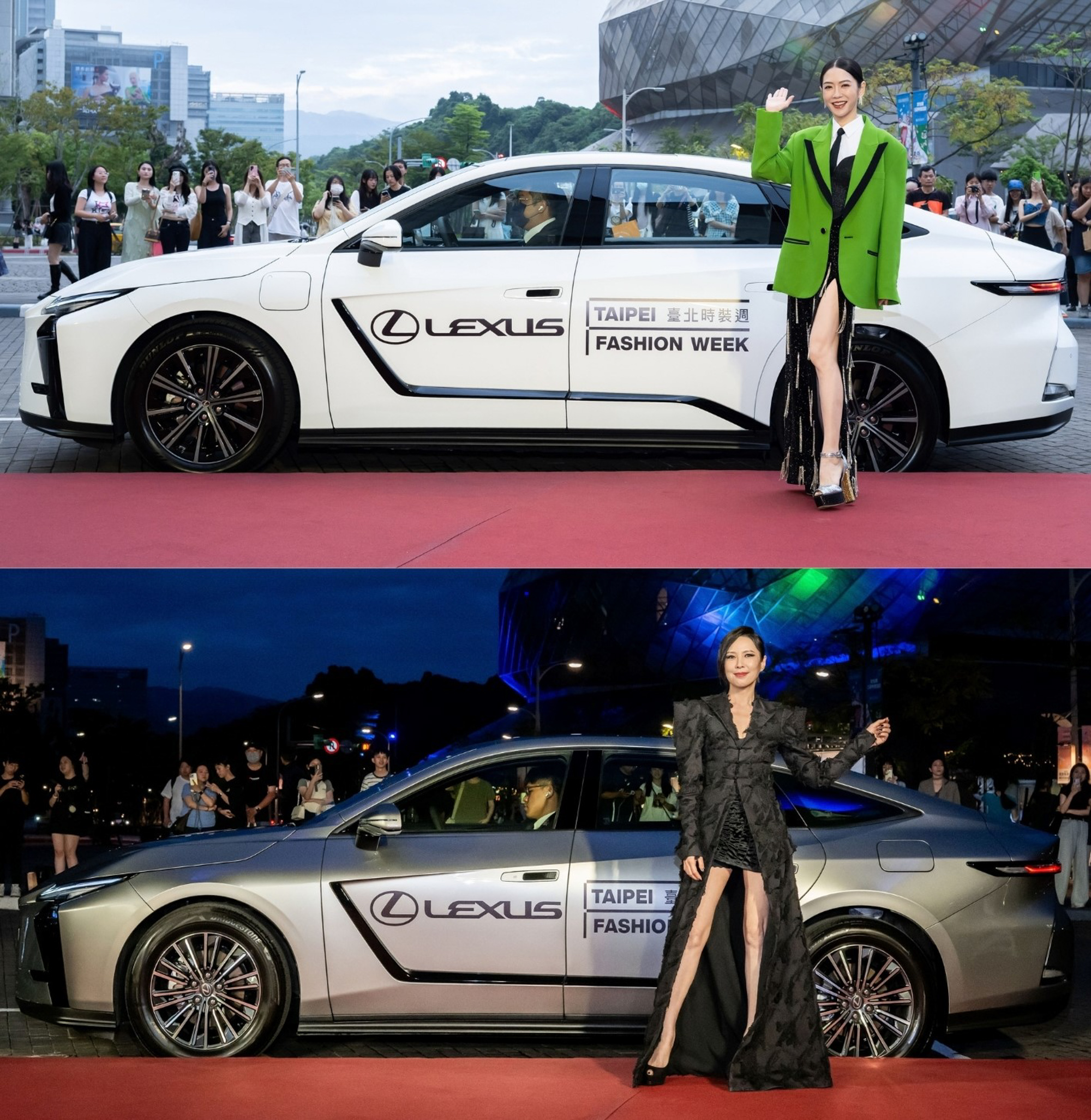 LEXUS 前瞻純電豪華房車 ES 500e擔任「臺北時裝週紅毯禮車」， 迎接大秀主持人楊千霈(上)與藝人天心(下)優雅登場，展現品牌與時尚交會的非凡風采。