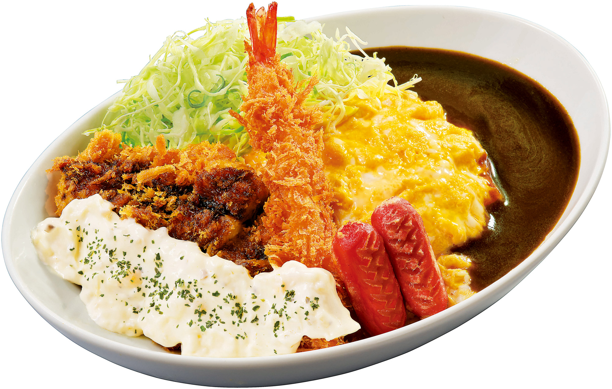 吉豚屋金秋限定新餐大人の兒童餐,包含歐姆蛋咖哩、塔塔醬雞排、酥炸海老與迷你維也納香腸。