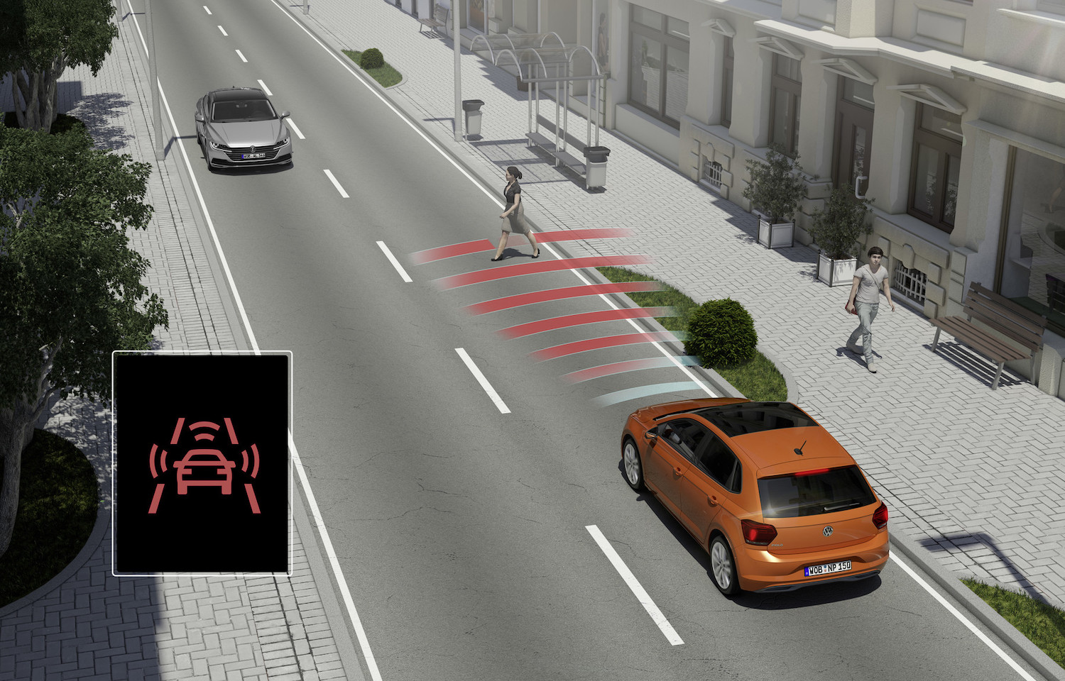 2020 年式 Polo 全車系標配 Front Assist 車前碰撞預警系統、前方行人監測和全速域 ACC 主動式固定車距巡航系統。